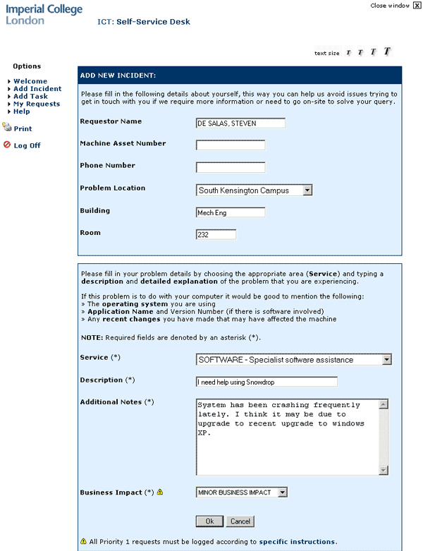 Imperial College Service Desk - New Problem