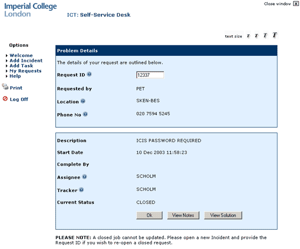 Imperial College Service Desk - View Problem