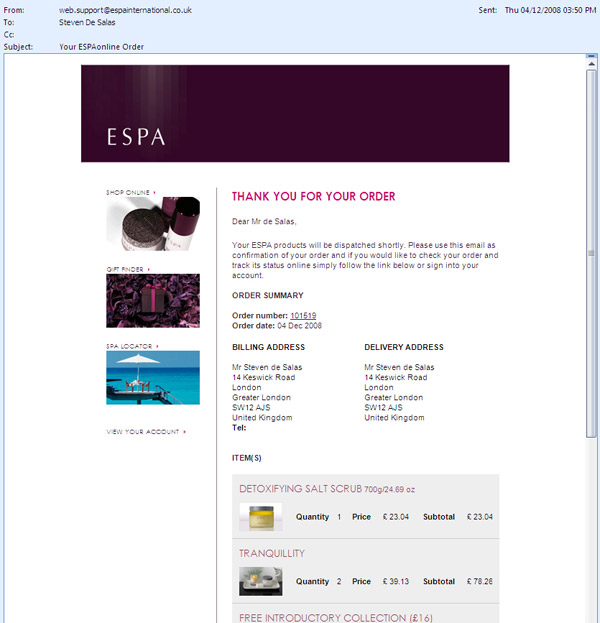 ESPA Order Email